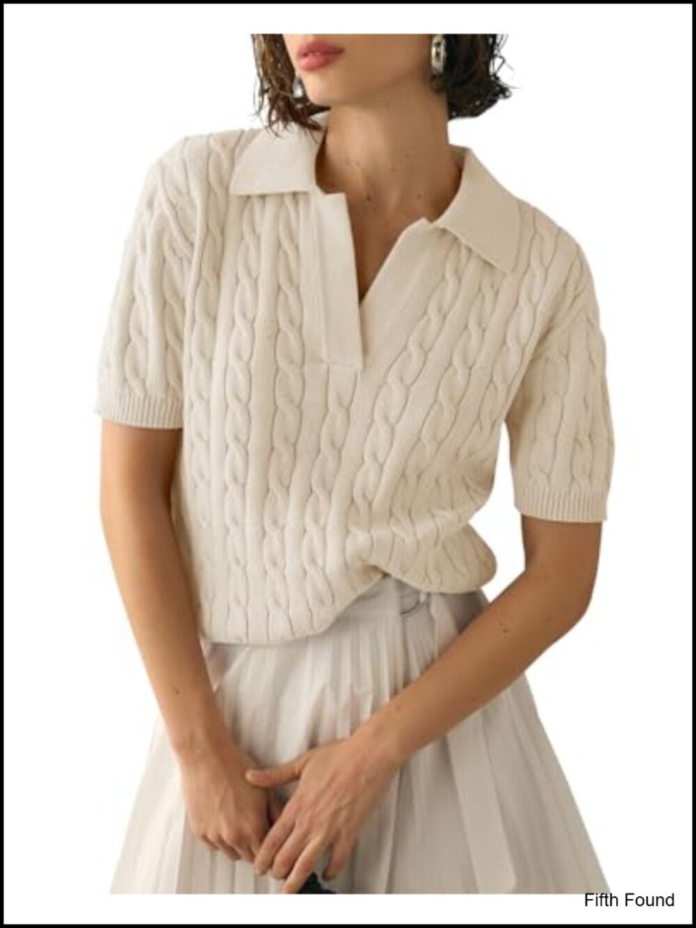 Womens Cable Knit Short Sleeve Sweater V Neck Lapel Pullover Top